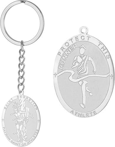 Dreamtimes St. Sebastian Medal Keychain for Men Women Stainless Steel Religious Saint Patron of Athletes Catholic Keychain