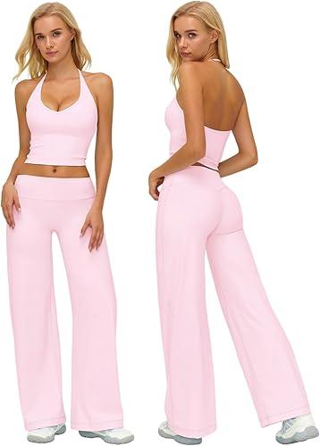 ABOCIW Womens Workout Sets 2 Piece Spaghetti Straps Crop Top Straight Leg Yoga Pants Yoga Pilates Outfits