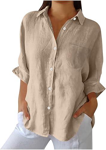 Women Button Down Shirts Cotton Linen Blouse Tops Long Sleeve Gauze Collar Shirt Tunic Loose Fit