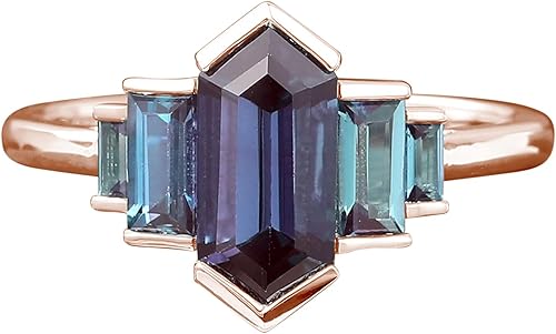 Vintage Long Hexagon Cut Alexandrite Engagement Ring Alexandrite Hexagon Ring for Women 10K/14K/18K Rose Gold Anniversary Ring Unique June Birthstone Wedding Bridal Gifts
