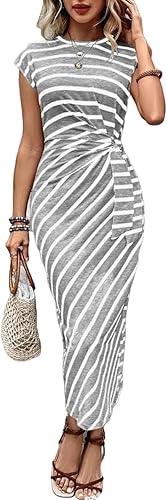 Oplxuo Women's Stripe Bodycon Maxi Dress, Short Sleeve Twist Waist Summer Casual Dress