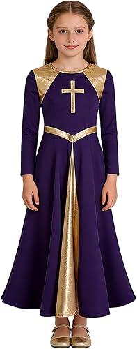 FEESHOW Girls Metallic Cross Liturgical Praise Dance Dress Lyrical Dancewear Color Block Full Length Robe Worship