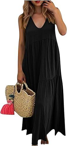 Women Maxi Dress V Neck Boho Dresses Casual Loose Sundress Comfy Tiered Long Dress Sleeveless Beach Party Sun Dress