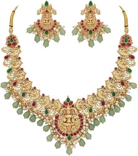 Temple Jewelry Necklace Set for Women – Gold Plated Goddess Lakshmi Design Statement Necklace with Matching Earrings, Green & Red Stones, Traditional Indian Bridal Wedding Jewelry