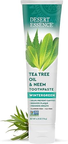 Desert Essence Tea Tree Oil & Neem Toothpaste - Fluoride-Free, Gluten-Free, SLS Free Formula - Vegan, Herbal Toothpaste for Plaque Reduction - Wintergreen Flavor, 6.25 oz