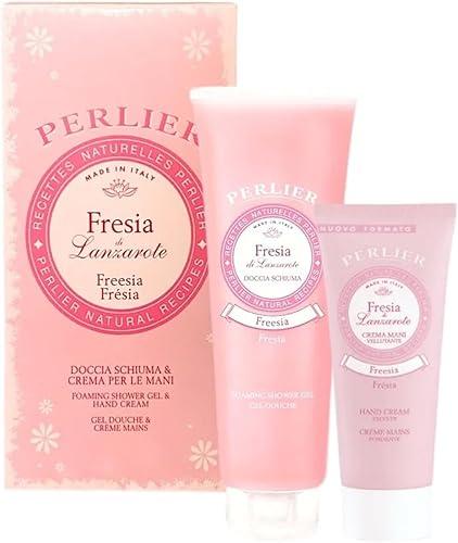 Perlier – Freesia Shower Gel & Hand Cream Gift Set, Shower Gel 8.4 oz + Hand Cream 3.3 oz, Fresh Floral Fragrance, With Sweet Almond Oil, Deeply Hydrating, Soft Skin, Made in Italy, Beauty Gift Set