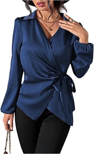 Satin Wrap Blouse Dressy Elegant V Neck Long Sleeve Drape Ruched Front Tie Waist Business Tops Cocktail Wedding Silk Blouse