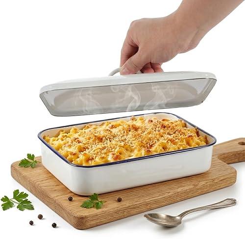 Unomor Enamel Baking Tray with Lid for Kitchen Oven White Roasting Pan for Casserole and Lasagna Vintage Deep Baking Dish 12.20x8.26x2.95in 2-Pack