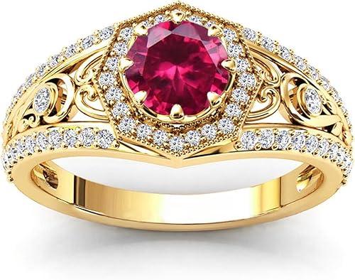 10K 14K 18K Gold Round Cut Gemstone Vintage Rings for Women 7MM(1.3CT) Gemstone and Moissanite Promise Statement Anniversary Ring for Her Size 4-15