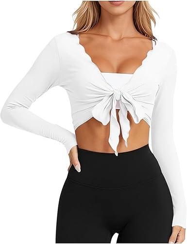 Womens Tie Front Wrap Crop Tops Long Sleeve Bolero Shrugs Cropped Shirts Yoga Cover Up Top Pilates Workout Outfits