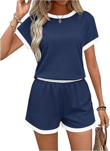 Women Two Piece Short Sleeve T Shirt And Shorts Set Trim Casual Loungewear Soft Fabric Relaxed Summer Outfit
