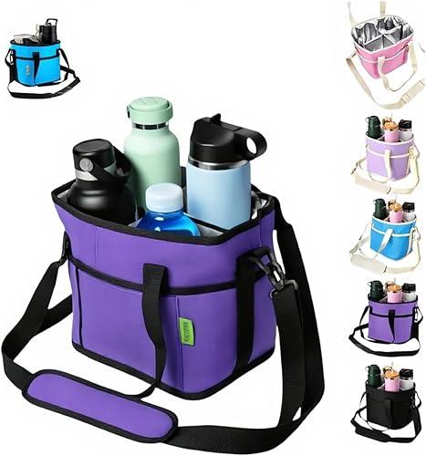 4 Compartment Insulated Drink Carrier Bag – Family Size, Multiple Tumbler Caddy with Adjustable Strap, No-Spill Water Bottle Holder for Travel, Hiking & Outings(Purple)