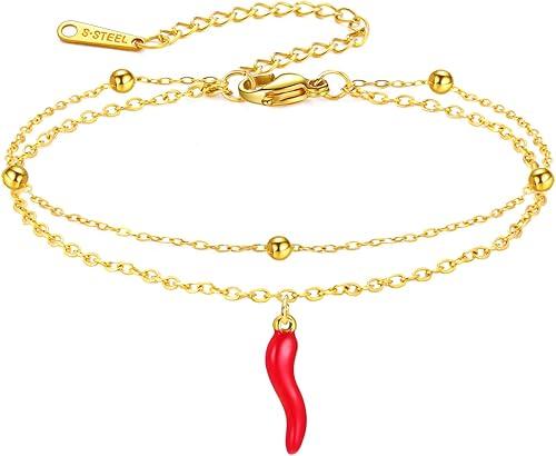 Dreamtimes Italian Horn Bracelet for Women Red Pepper Bracelets Stainless Steel Cornicello Evil Eye Protection Bracelet Italian Charm Adjustable Lucky Jewelry