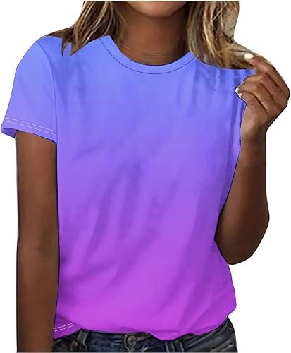 Womens Ombre Tshirts Short Sleeve Crew Neck Tops Summer Casual Blouses Loose Fit Gradient Tee Soft Pullover Shirts