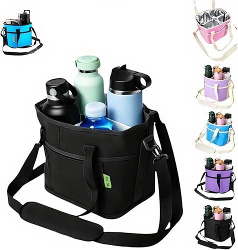 4 Compartment Insulated Drink Carrier Bag Family Size, Multiple Tumbler Caddy with Adjustable Strap, No-Spill Water Bottle Holder for Travel, Hiking & Outings (Black)