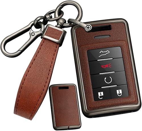 SANRILY PU Leather+Zinc Alloy 4/5/6 Button Smart Key Fob Cover Case Fit for Cadillac CTS SRX 2020 ATS ELR XTS DTS ELR Keyless Key Holder with Leather Keychain Black-brown