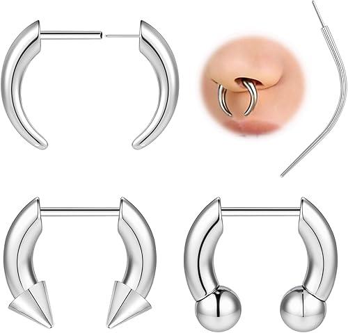 ZS Threadless Insert Fake Nose Rings - 8mm 10mm Stainless Steel Faux Heavy Nose Rings, No Stretching for 16G Nose Piercing, Fake Septum Rings for Women Men