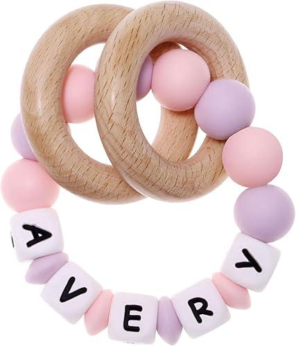 Munchewy Presonalized Teether Baby Rattle with Name, Customizable Silicone Sensory Rattle with Natural Organic Beech Wood Rings for Girls Baby Shower Toys - LightPink/Lightpurple