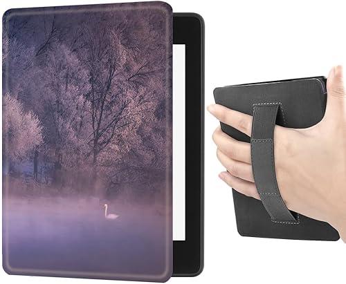 Case for New Kindle (2024/2022 Release) with Hand Strap - Leather Cover Auto Sleep/Wake for 6" Kindle (11th Generation), Swan Lake