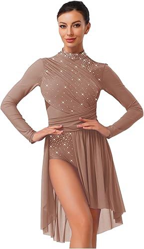 FEESHOW Women's Lyrical Dance Dress Long Sleeve Ruched Ballet Skirt Leotard Contemporary Dance Costume