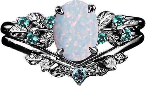 S925/10K/14K/18K Solid Gold Oval Gemstone Vintage Engagement Ring Set Leaf Unique Vine Gemstone Wedding Anniversary Ring Set Black Gold Bridal Ring Set