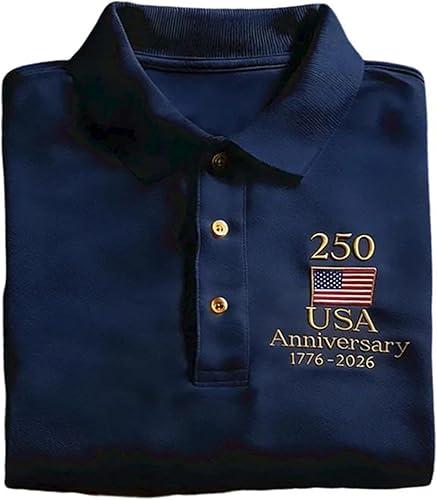 Mens Golf Polo Shirts 250 Anniversary USA Shirt 250th Birthday Patriotic Flag Print Shirt Collared Dress Tee Tops