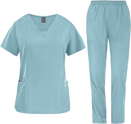 2 Pcs Scrubs Sets for Women Stretch Wide Leg Pants & V-Neck Short Sleeve Tops Plus Size Medical Scrub Sets