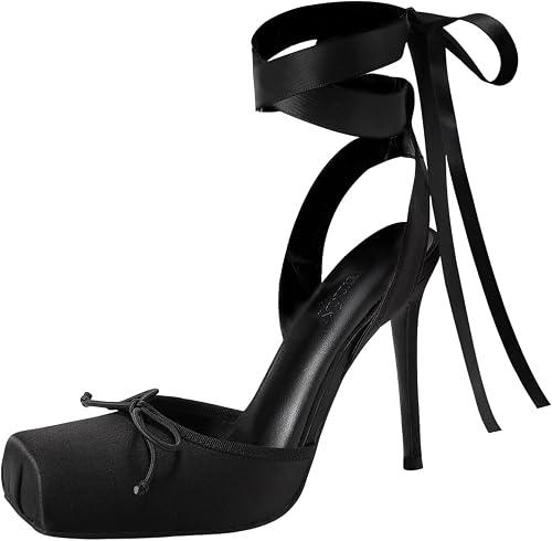 Vertundy Women's Satin Ballet Heels Lace Up Square Toe Stiletto High Bow Ballerina Heels