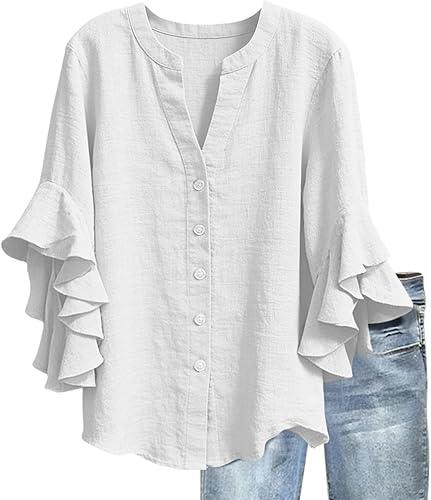 Cotton Linen Tops for Women Ruffle 3/4 Sleeve V Neck Button Down Shirts Spring Summer Beach Casual Gauze Blouses