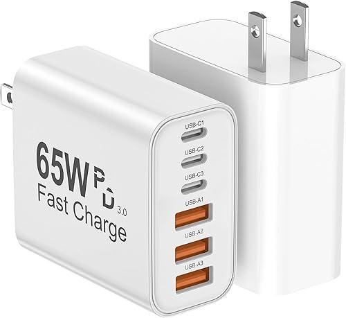 USB C Charger Block, 2-Pack 65W 6-Port USB C Wall Charger iPhone Charger Fast Charging PD Power Adapter+QC Wall Plug Multiport Type C Brick Chargers for iPhone 17 16 15 14 13 12 11 Pro Max XS,Samsung