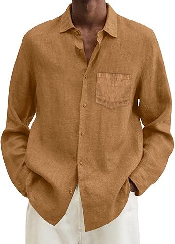 Cotton Linen Shirt for Men, Plus Size Loose Fit, Long Sleeve Turn Down Collar Casual Summer Tops
