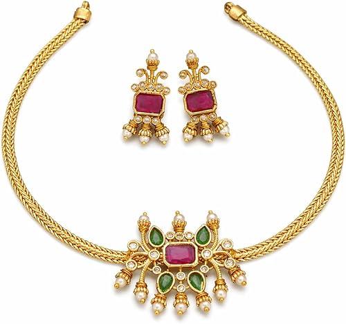 Traditional Gold Plated Antique Choker Necklace Set for Women | Ethnic Kundan Style Ruby & Emerald Stone Studded Jewelry with Pearl Droplets | Festive