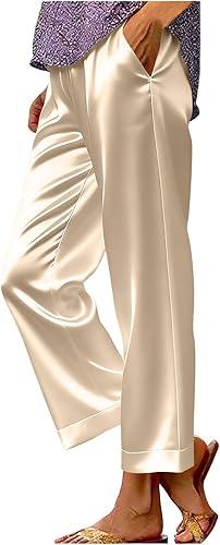 Satin Pants Women Elastic High Waisted Straight Leg Lounge Pants Casual Slacks Summer Solid Color Trousers with Pockets