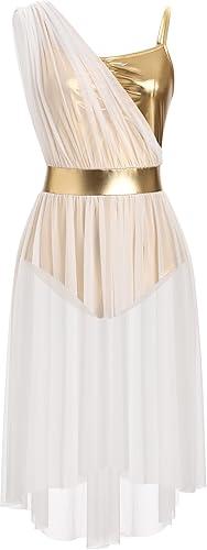 AFAVOM Women's Lyrical Dance Costume Shiny Metallic Lyrical Dress Asymmetric High Low Tulle Skirt Contemporary Dance Costumes