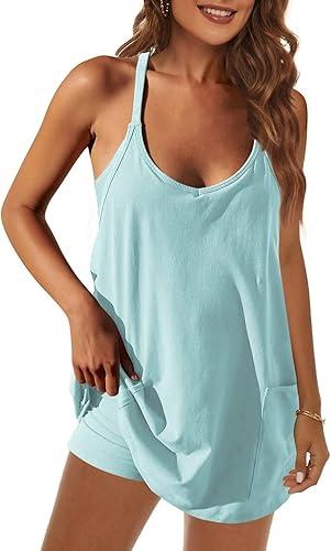 Womens Athletic Mini Dress Summer Romper Dresses Spaghetti Strap Sundress with Built-in Shorts Tennis Workout Rompers