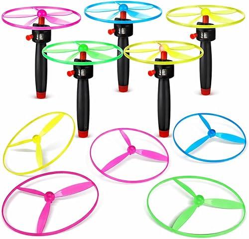 Pull String Flying Disc Set - 10 Lightweight Propeller Toy Discs with 5 Handles - Outdoor Interactive Flying Saucer Toys for Kids Party Favors and Sports Activities