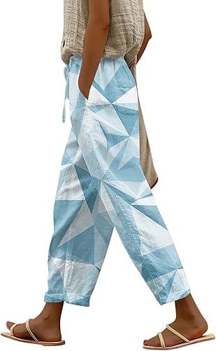 Womens Summer Boho Floral Print Linen Pants Drawstring Elastic Hight Waist Casual Loose Capri Pants with Pockets