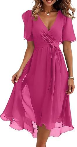 Wedding Guest Dresses for Women Short Sleeve Summer Chiffon Loose Fit High Waist V Neck Swing Formal Cocktail Dress