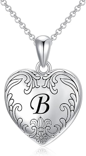 SOULMEET 10K 14K 18K Solid White Gold/Plated Gold Locket Cameo Initial Heart Locket Necklace That Holds Pictures Personalized Photo Locket Necklace Alphabet A-Z