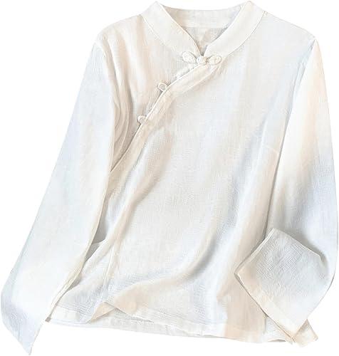 Women Linen Shirts Vintage Frog Button Long Sleeve Blouse Chinese Style Tunic Tops Mandarin Collar Hanfu Cheongsam Top