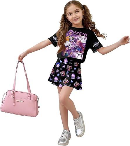 Kpop Girls 2 Piece Outfits Hunters Print Cartoon Graphic Short Sleeve Shirts and Skirt Fashion Demon Casual Tracksuit