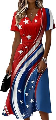 Women's American Flag Dress 4Th of July Patriotic USA Stars Stripes Sunflower Dresses Sexy V-Neck High, S-3XL