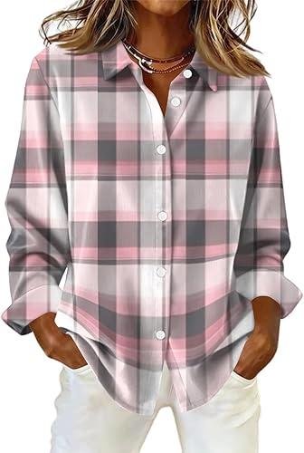 Long Sleeve Plaid Button Down Shirt for Women Casual Loose Fit Turn Collar Blouse Top with Front Pocket