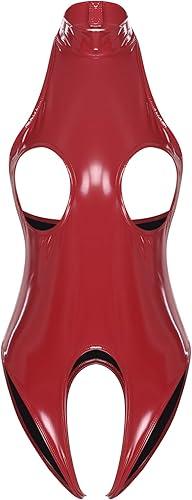 YiZYiF Women's Sleeveless Wet Look Glossy Patent Leather Catsuit Hollowing Out High Cut Bodysuit