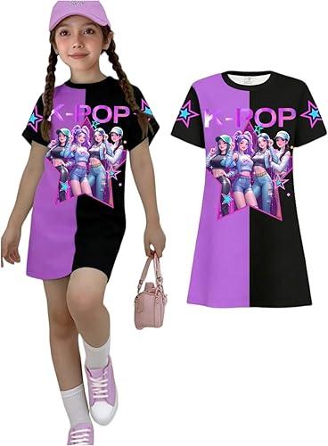 Kpop Dress for Girls T-Shirt Dress Anime Demon Inspired Outfit Print Kids Playwear for Daily Party Wear