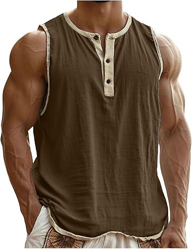 Henley Tank Tops Men Cotton Linen Sleeveless T-Shirts Summer Workout Gym Undershirts Sports Basic Tees Color Block Shirts