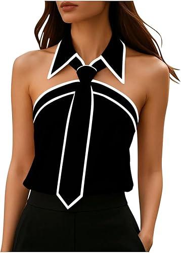 Oplxuo Women Tie Neck Blouse Dressy Casual Tank Tops Sleeveless Collared Off Shoulder Zipper Back Office Work Shirts