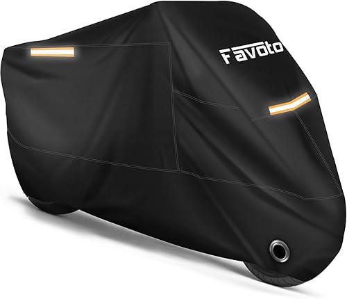 Favoto Motorcycle Cover Waterproof Outdoor Motorcycle Cover Heavy Duty All Weather Rain Sun UV Protection with Lock-Holes Motorcycle Tarp with Night Reflective Strips ＆ Storage Bag Fits up to 96.5"