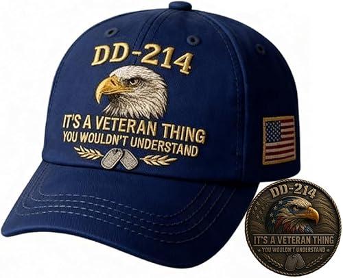 Veteran Pride DD-214 Military Baseball Cap and Commemorative Coin Set, A Gift for Patriotic Retired Soldiers and Veterans Day