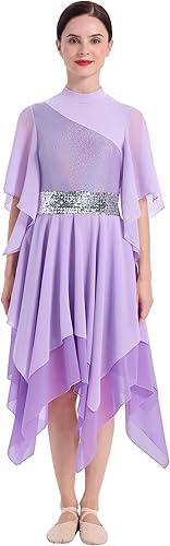 AFAVOM Metallic Praise Dance Dresses for Women Ruffle Color Block Worship Overlays Tunics Liturgical Dancewear with Waistband